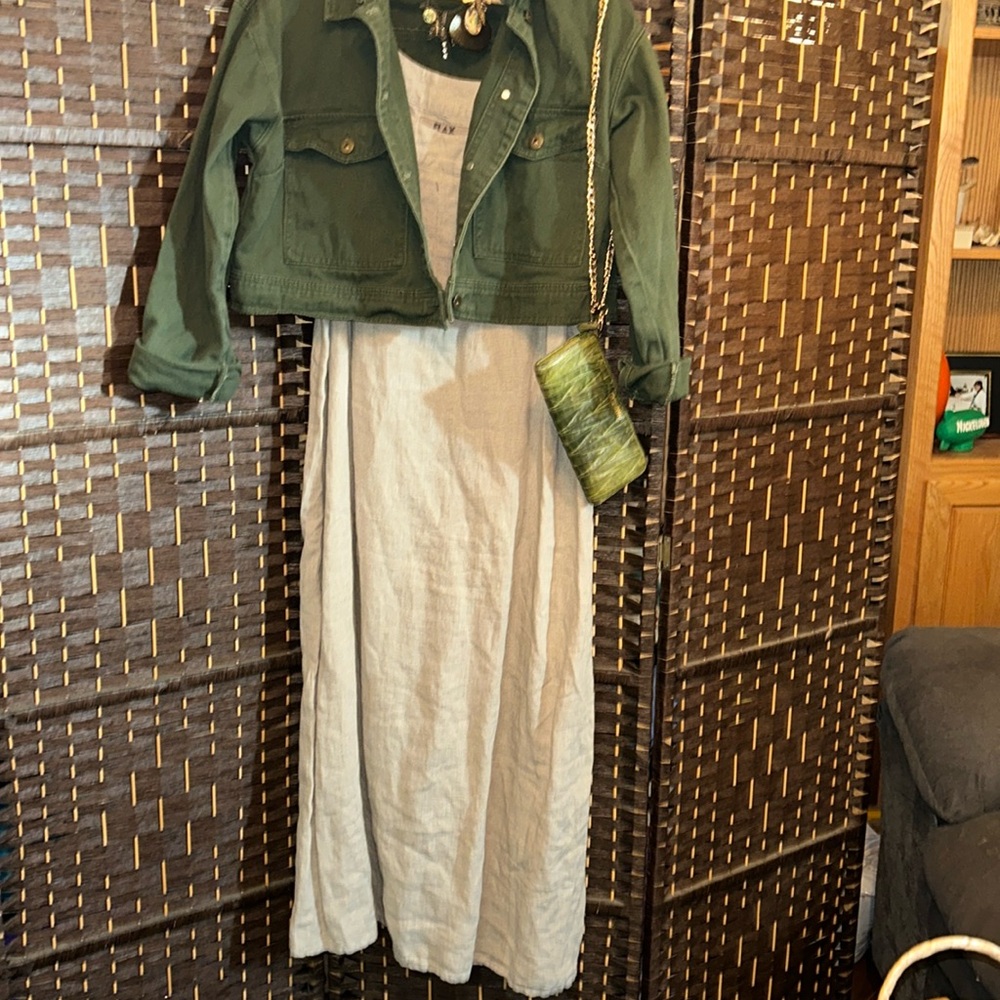 FLAX Taupe, minimalist, natural 100% Linen Maxi sleeveless Dress, large